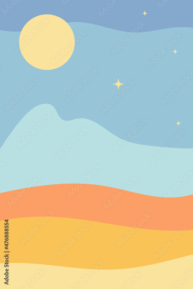 Abstract landscape. Nature, mountains, sea, moon. Fashionable trendy style, minimalism. Design for social networks, poster, banner, cover. Colored flat vector illustration.