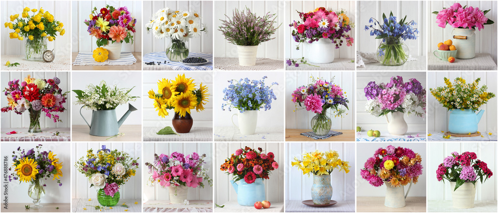 bouquets of garden and wild flowers in a vase - obrazy, fototapety, plakaty 