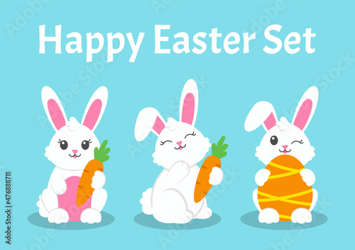 Happy Easter. Set of little cute rabbits. Bunny, egg, carrot. Colored flat vector illustration isolated on blue background. Cartoon character.