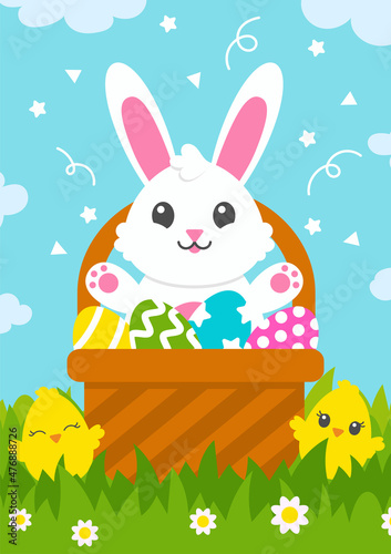 Happy Easter. Cheerful rabbit in a basket with painted eggs on the green grass. Cute chickens are dancing around. Cartoon character.Colored flat vector illustration isolated on color background.