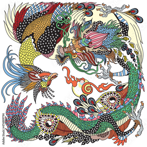 Jade Green Dragon and Gold Phoenix Feng Huang playing a pearl. Two celestial mythological creatures. Vector illustration inspired by a Chinese Folklore Legend or Myth, Tale