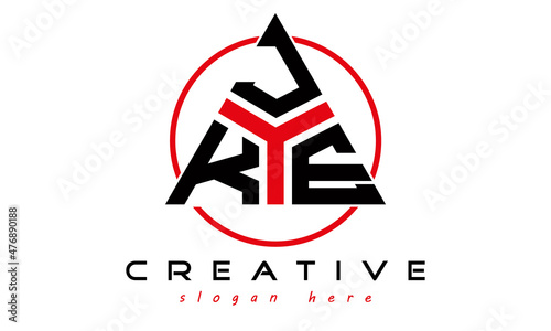 triangle badge with circle KJE letter logo design vector, business logo, icon shape logo, stylish logo template