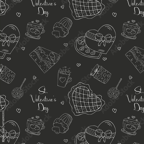 Seamless Valentine's Day pattern in hand-drawn style, doodle without background with graphite backing