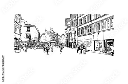 Building view with landmark of Leicester is the 
city in England. Hand drawn sketch illustration in vector.