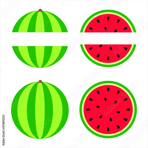 Watermelon slice and whole watermelon flat illustration, watermelon split 