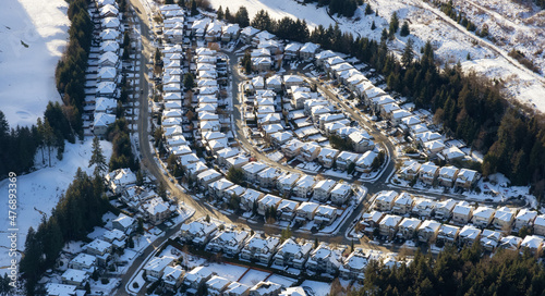 Aerial View of Residential Homes in a neighborhood of suburban modern city. Coquitlam  Vancouver  British Columbia  Canada.