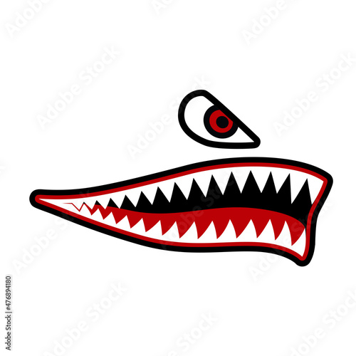 Shark jaw and eye on top isolated on white background