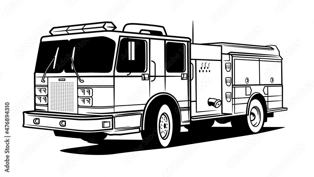 A fire engine isolated on a white background. Emergency vehicle made in the Line style