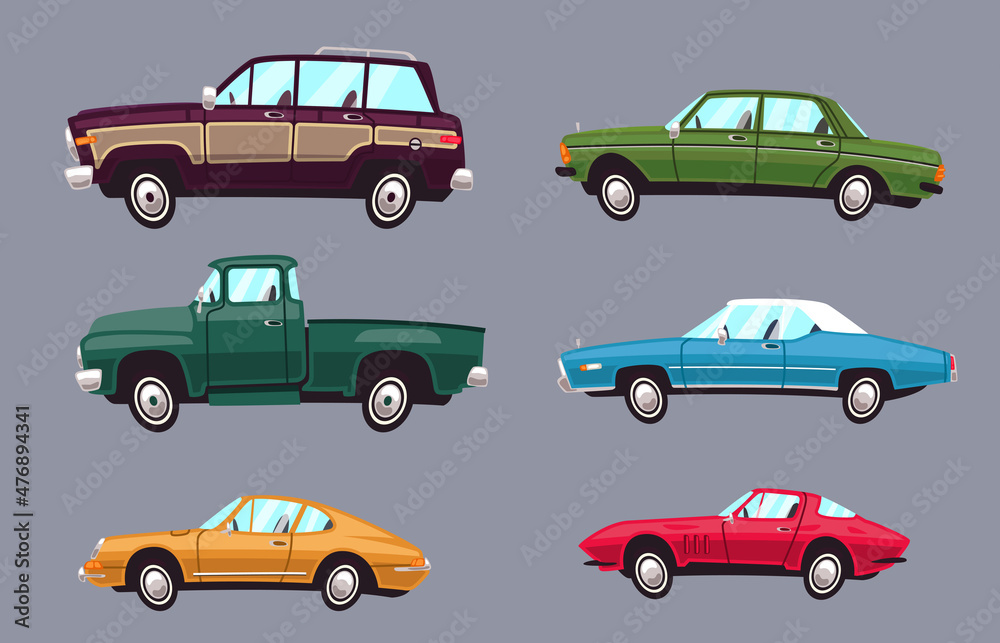 Set of cars in cartoon style. 6 cars in different bodies for animation.Isolated on gray background