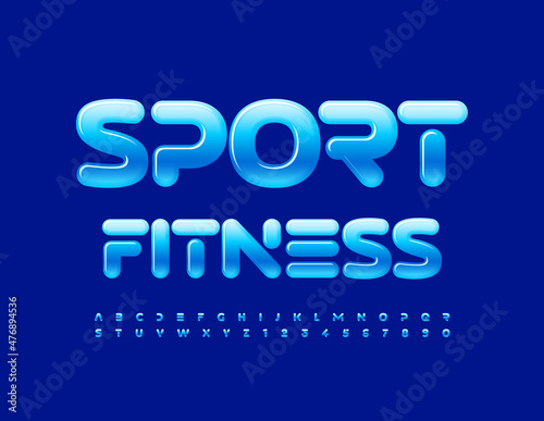 Vector unique banner Sport Fitness. Shiny Blue Font. Futuristic style Alphabet Letters and Numbers set