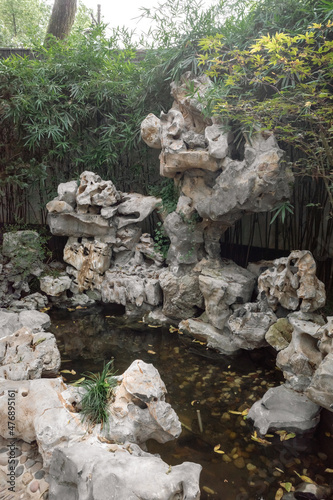 Rocks and pond at Hanshan Temple  in Suzhou  China