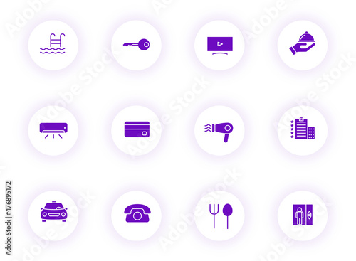 hotel purple color vector icons on light round buttons with purple shadow. hotel icon set for web, mobile apps, ui design and print