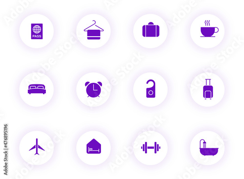 hotel purple color vector icons on light round buttons with purple shadow. hotel icon set for web, mobile apps, ui design and print