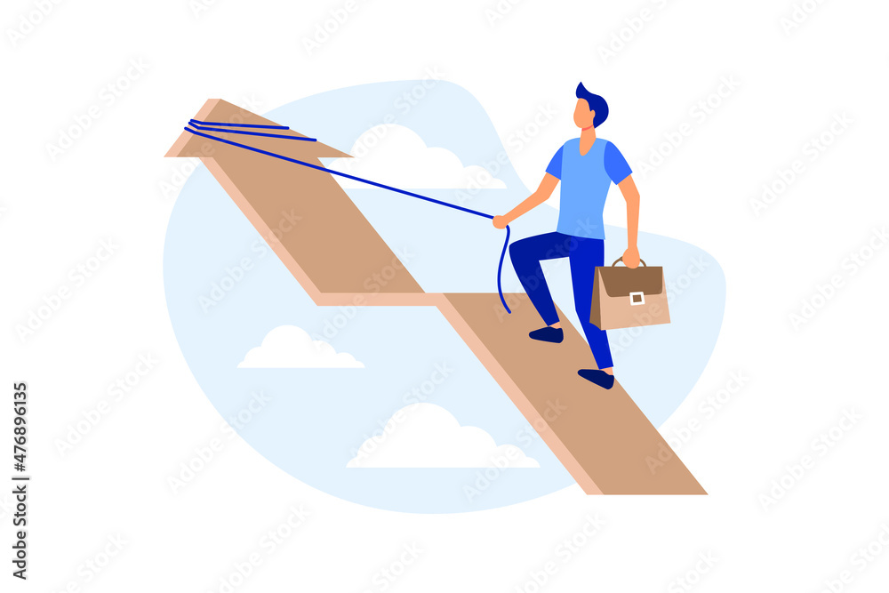 career rise to success, flat color icons, businessman fussing over the rope flies up an arrow, business analysis vector flat modern design illustration