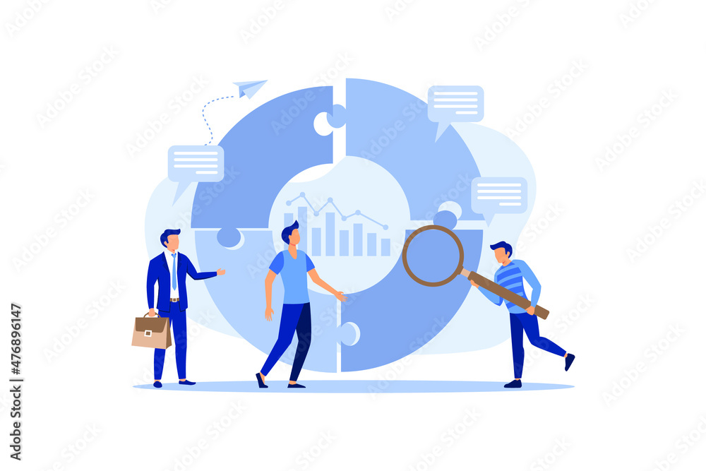Business teamwork with pieces of puzzle in office. Connecting with puzzle elements vector flat modern design illustration