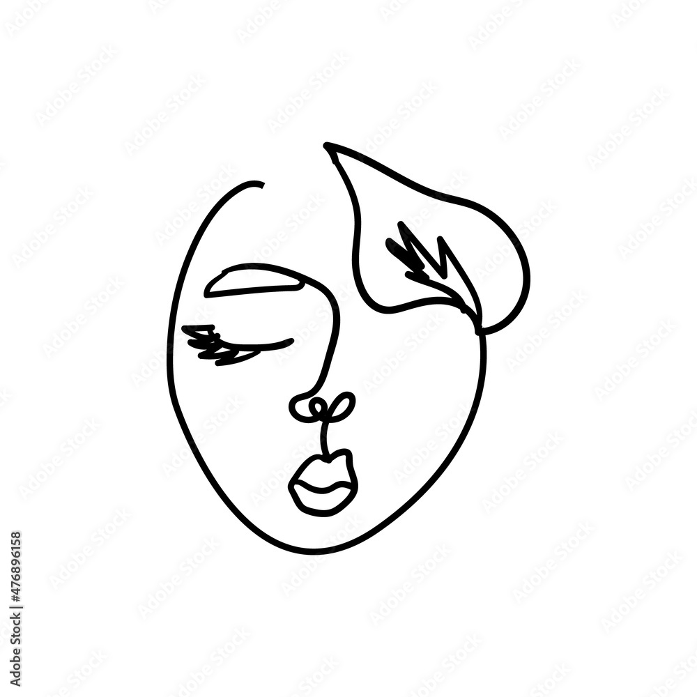 Linear vector illustration of woman face and leaf. Continuous line drawing of elegant face Linear vector illustration of woman face and leaf. Continuous line drawing of elegant face