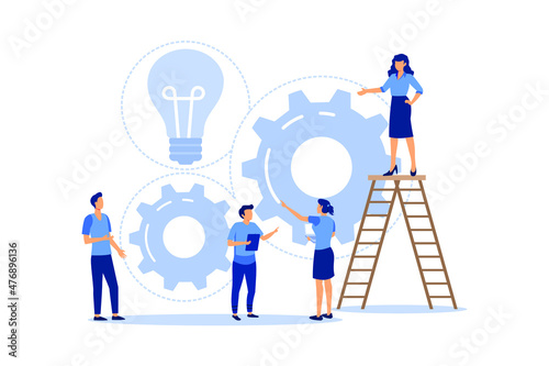 teamwork on finding new ideas, little people launch a mechanism, search for new solutions, creative work vector flat modern design illustration