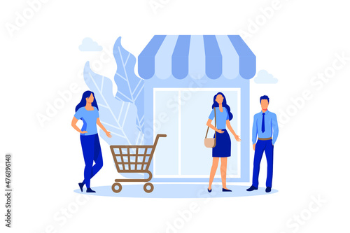various shops, discounts, purchase of goods and gifts, investing in real estate, shopping concept vector flat modern design illustration