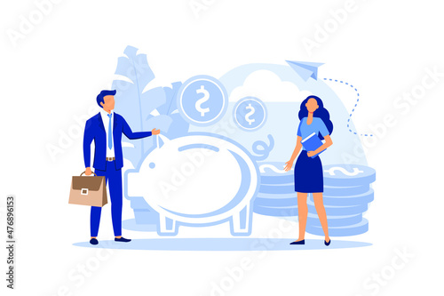 a large piggy bank in the form of a piglet on a white background, small bankers are engaged in work, saving or accumulating money, a coin box with falling vector flat modern design 