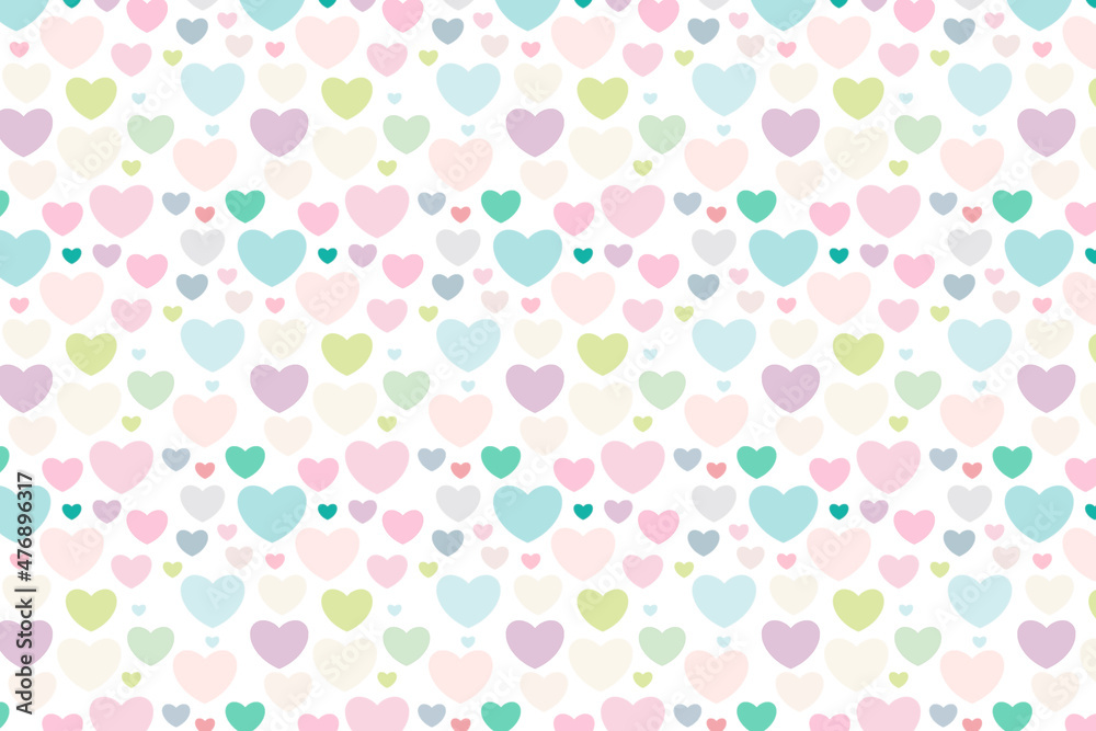 Multicolored hearts of different sizes. Pastel colors seamless repeating pattern. Valentines day background.