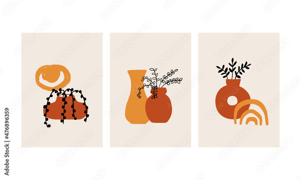 Set of boho posters with ceramic vases and abstract branches and leaves. Collection of contemporary art. Vector pottery illustration. Earth tones, pastel terracotta colors