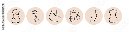 Minimalist feminine highlights covers with linear illustration of woman face and body. Social media template for fashion and beauty blog.  Boho and antique aesthetic icons