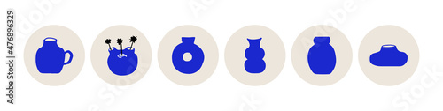 Abstract social media highlight stories with silhouettes of ceramic vases. Matisse modern style. Vector icon design for ceramic, pottery blog or clay crafting shop