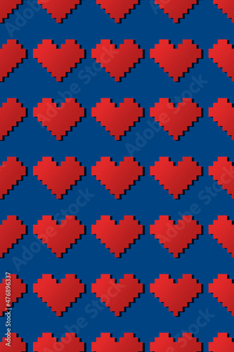 Red pixel hearts on blue background. Seamless repeating pattern.