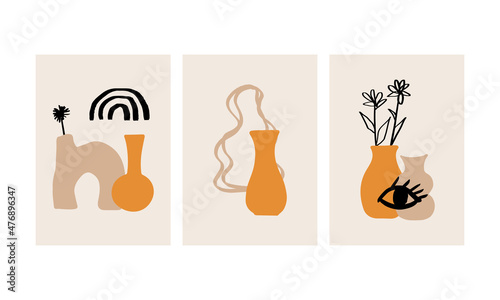 Set of boho posters with ceramic vases and branches, leaves and abstract shapes. Collection of contemporary art. Vector pottery illustration. Earth tones, pastel terracotta colors.