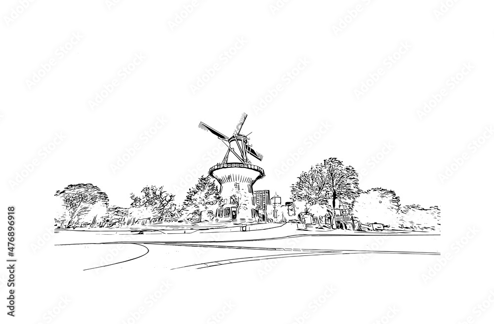 Building view with landmark of Leiden is the
city in the Netherlands. Hand drawn sketch illustration in vector.