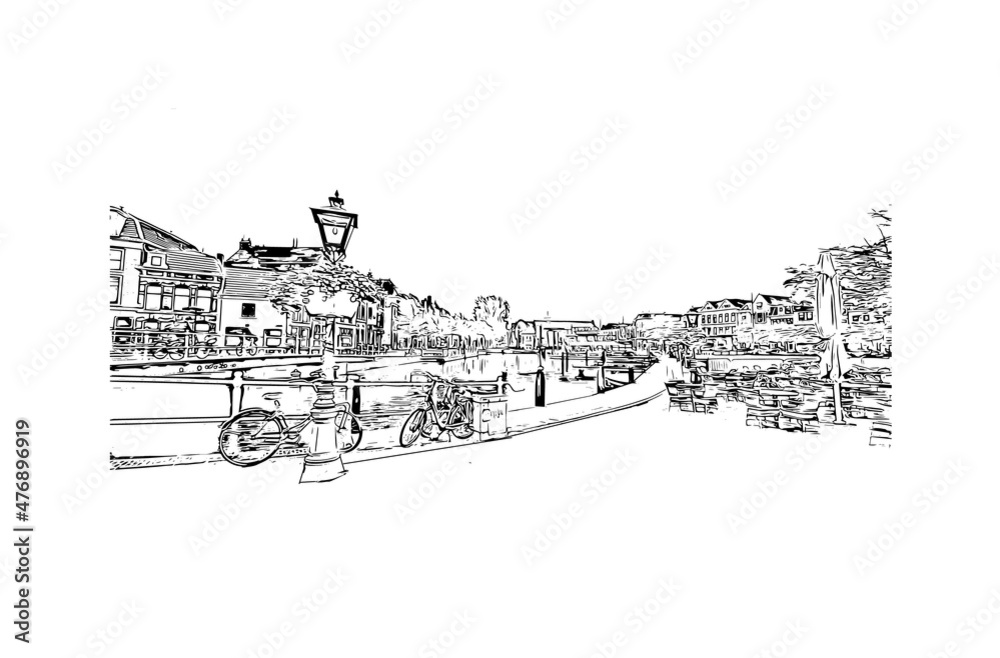 Building view with landmark of Leiden is the 
city in the Netherlands. Hand drawn sketch illustration in vector.