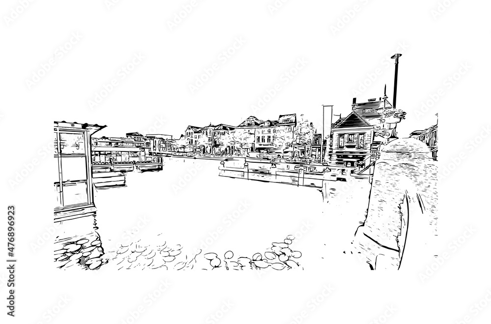 Obraz premium Building view with landmark of Leiden is the city in the Netherlands. Hand drawn sketch illustration in vector.