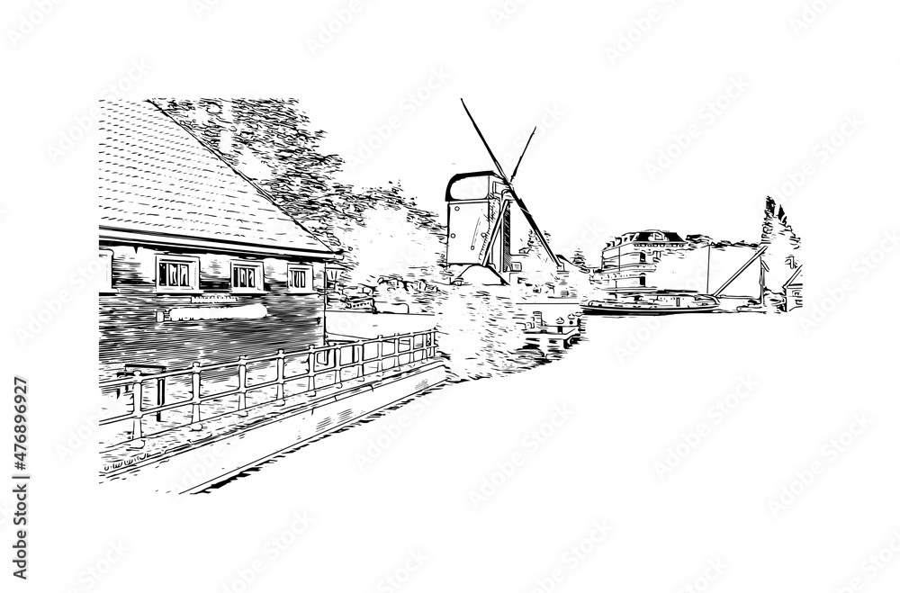 Fototapeta premium Building view with landmark of Leiden is the city in the Netherlands. Hand drawn sketch illustration in vector.