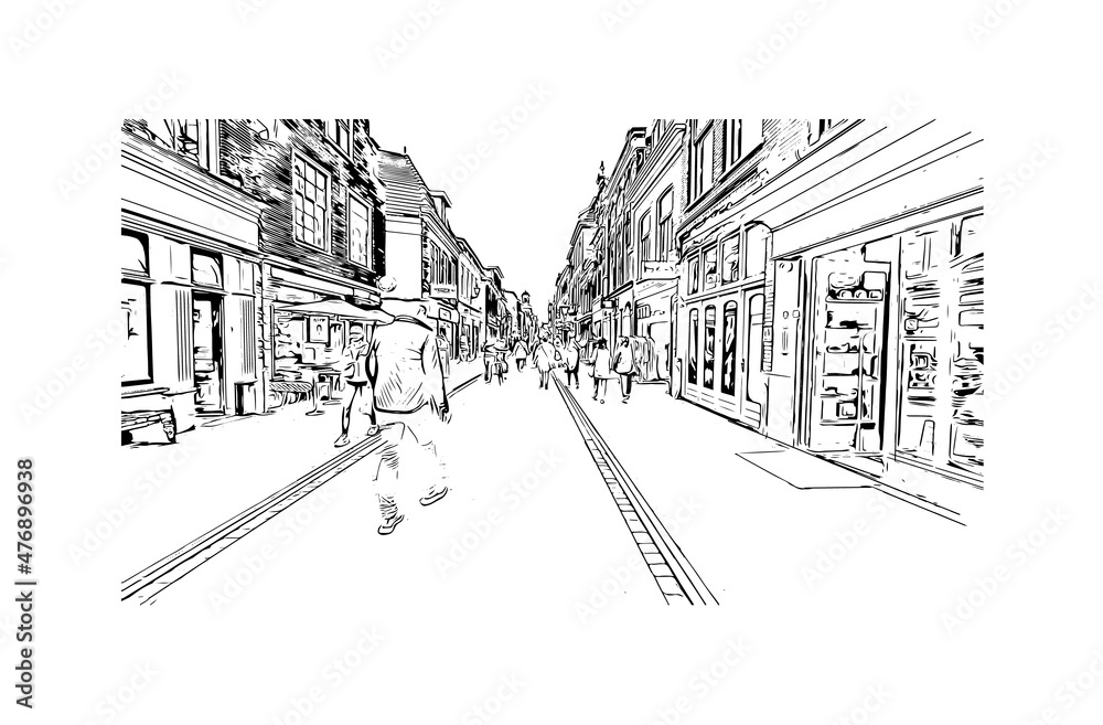 Obraz premium Building view with landmark of Leiden is the city in the Netherlands. Hand drawn sketch illustration in vector.