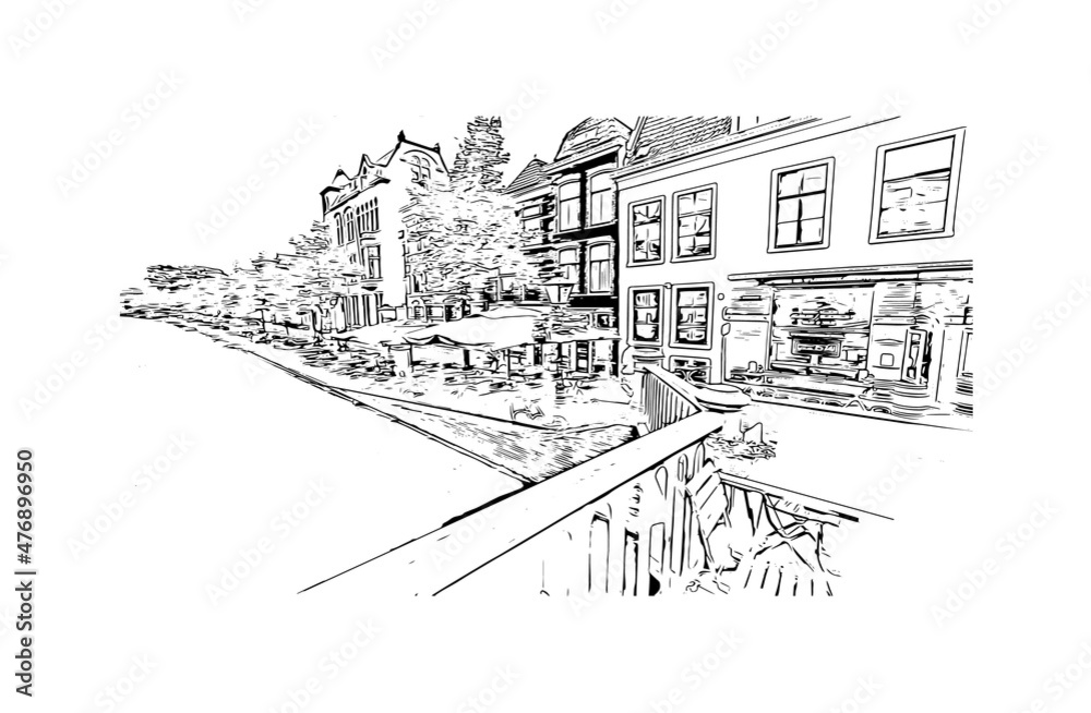 Building view with landmark of Leiden is the 
city in the Netherlands. Hand drawn sketch illustration in vector.