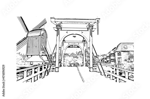 Building view with landmark of Leiden is the 
city in the Netherlands. Hand drawn sketch illustration in vector. photo
