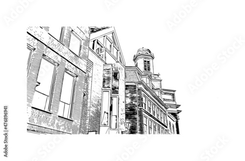 Building view with landmark of Leiden is the city in the Netherlands. Hand drawn sketch illustration in vector.