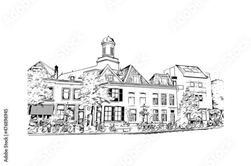 Building view with landmark of Leiden is the 
city in the Netherlands. Hand drawn sketch illustration in vector.