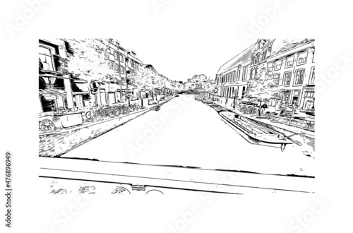 Building view with landmark of Leiden is the 
city in the Netherlands. Hand drawn sketch illustration in vector.