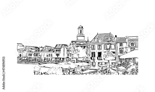 Building view with landmark of Leiden is the city in the Netherlands. Hand drawn sketch illustration in vector.