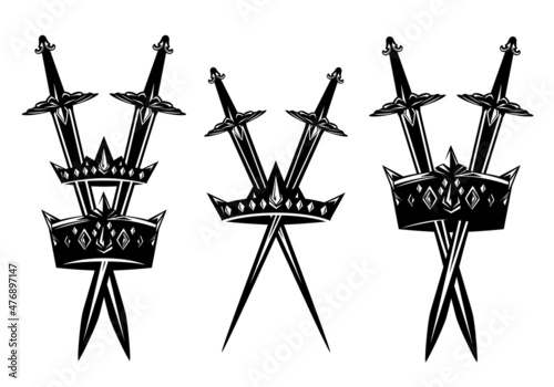 fantasy royal crown and two crossed swords inside - black and white vector coat of arms design for security concept