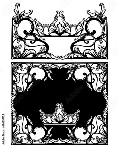 antique style calligraphic  ornament forming copy space frame decorated with royal crown -  black and white vintage vector decorative background design