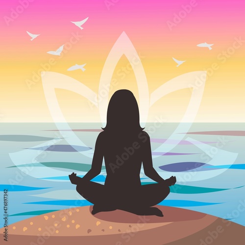 vector illustration of a girl in a lotus yoga pose on the background of the sea