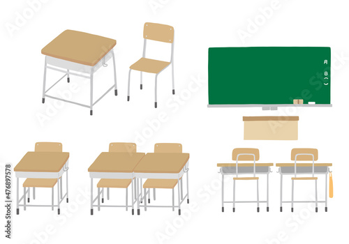 学校 教室の机と黒板の手描きイラストセット（カラー/輪郭線なし）