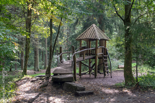 Landscape of wooden playground in forest in Heidelberg Baden Wurttemburg Germany