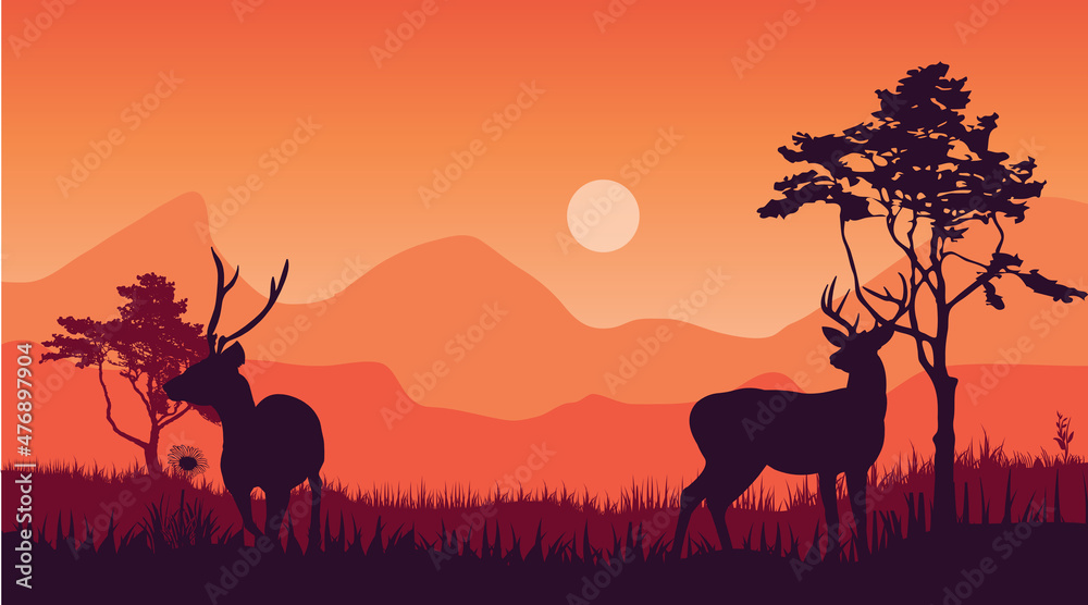 two deer in the forest beautiful sunset scenery vector illustration