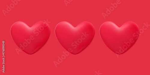 Hearts 3d wallpaper. 3d red heart vector illustration. Valentines day poster. Romantic banner. Symbol of love, wedding, engagement, datting and passion.