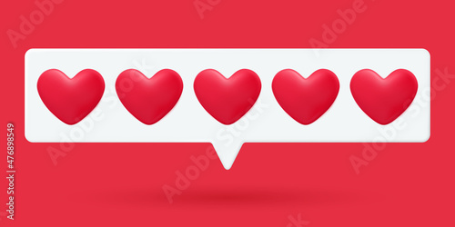 Message bubble with hearts 3d vector. Valentines day love message. Social media like or comment, website feedback. Love, wedding, engagement, datting and passion symbol.
