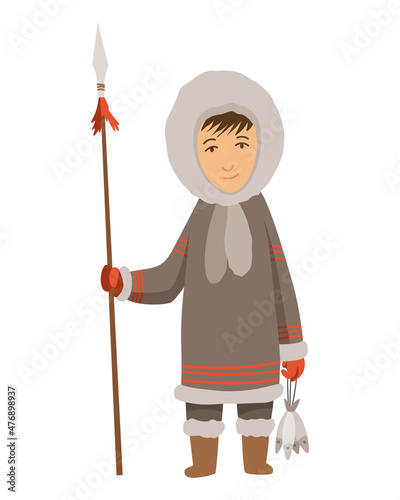 Polar eskimo character. Indigenous fisherman wearing traditional warm clothes. Person with caught fish. Traditional ethnic character