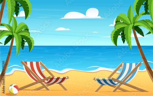 Empty beautiful beach and cozy beach chairs. summer  background.